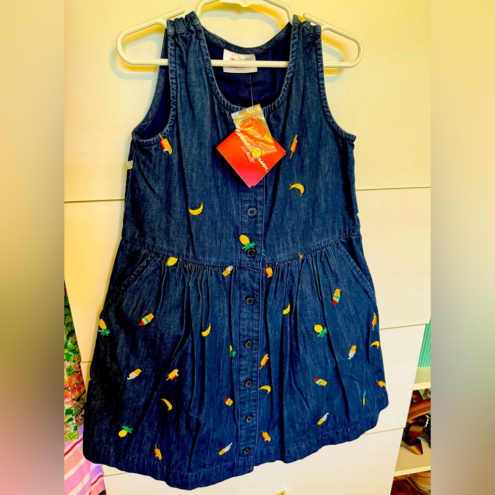 Hanna Andersson NWT Ice Cream and Fruit Embroidered Denim Girls Dress Size 6-7 - Picture 3 of 3